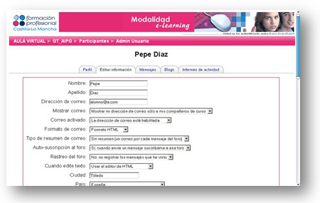 Página de edición de información personal